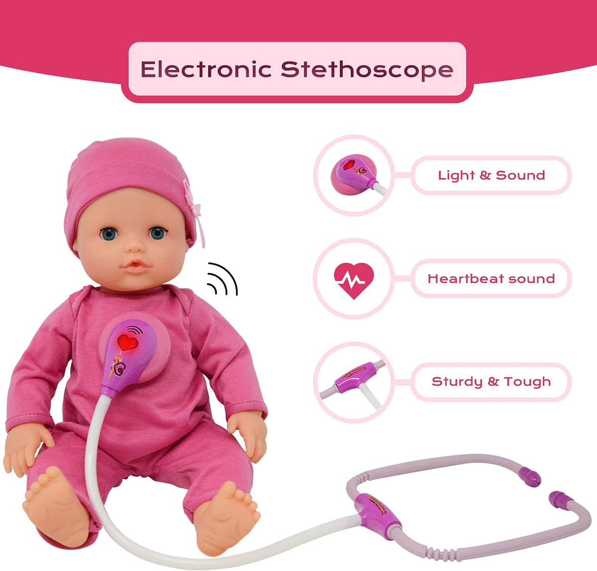 Interactive 16” Baby Doll Toy Doctor Kit with Light Up Heartbeat - image 3