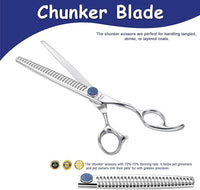 7'' Dog Grooming Scissors CNC 440C Blades Sharp and Durable Polished Chunker Dog Shears with Blue Diamond Adustable Screws Easy to Use for Groomer and Home User