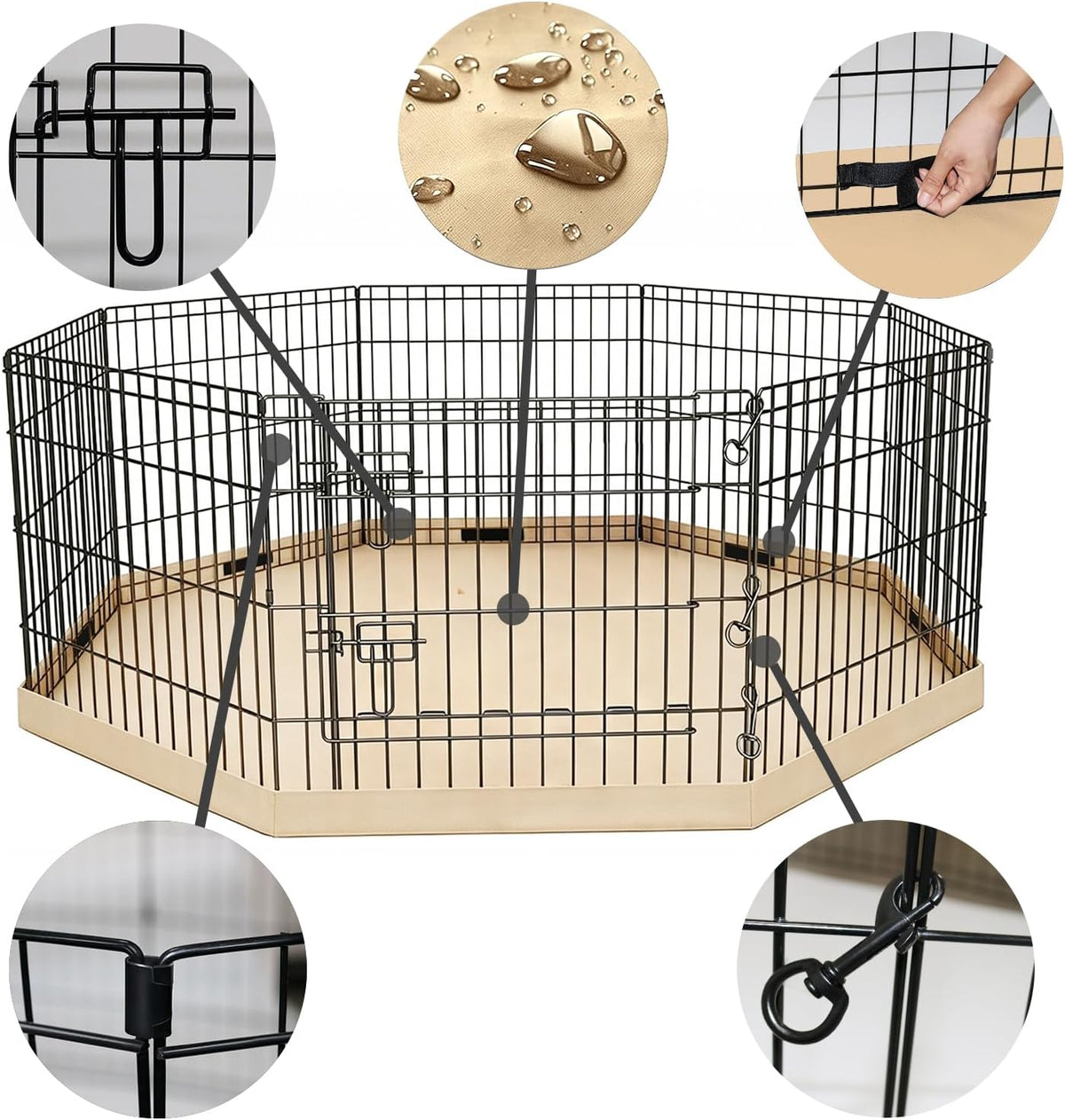 Foldable Metal Dog Exercise Pen/Pet Puppy Playpen Kennels Yard Fence - Tan / 36''H / Playpen+Bottom Pad - image 2