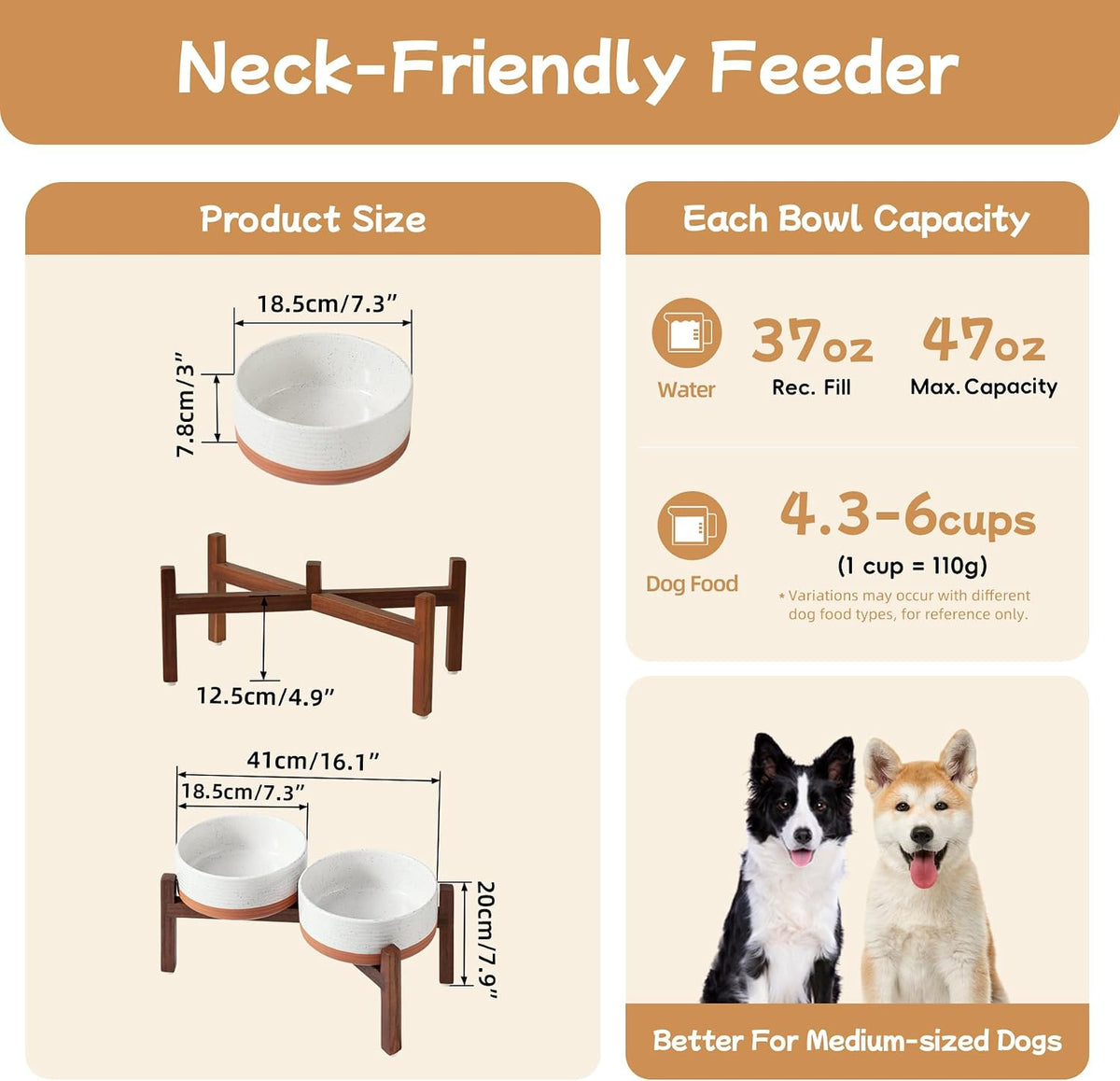 Elevated Dog Bowls, Raised Ceramic Dog Bowl for Small & Medium Dogs – Essentials for Dogs - Double Bowls with Stand- Vanilla White / 5CUPS - image 2
