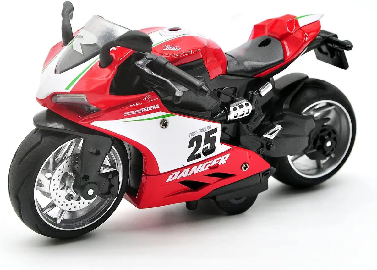 CYYSFIVQZ red 1:12 die cast motorcycle toy with lights, sounds and pull back motor