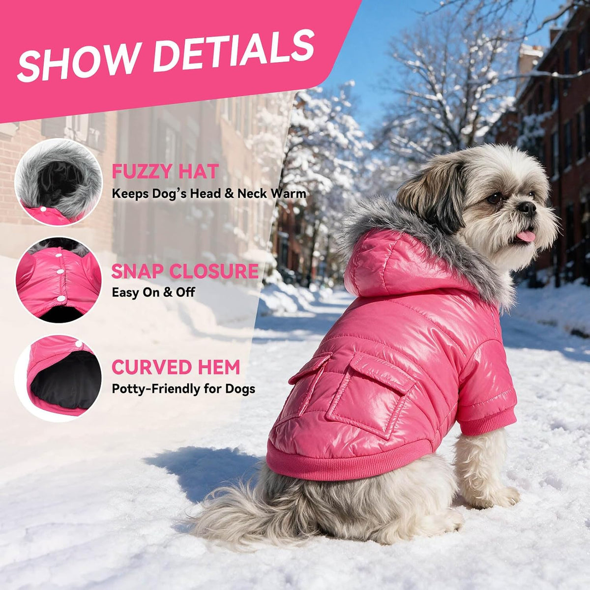 Dog Coat for Small Dogs, Windproof Doggie Puffer Jacket with Leash Hole, Extra Warm Dog Jacket - Large / Pink - image 3