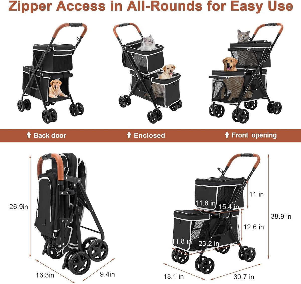 Double Pet Stroller for 2 Dogs & Cats, Double-Decker, Blue – Essentials for Dogs - Black - image 3