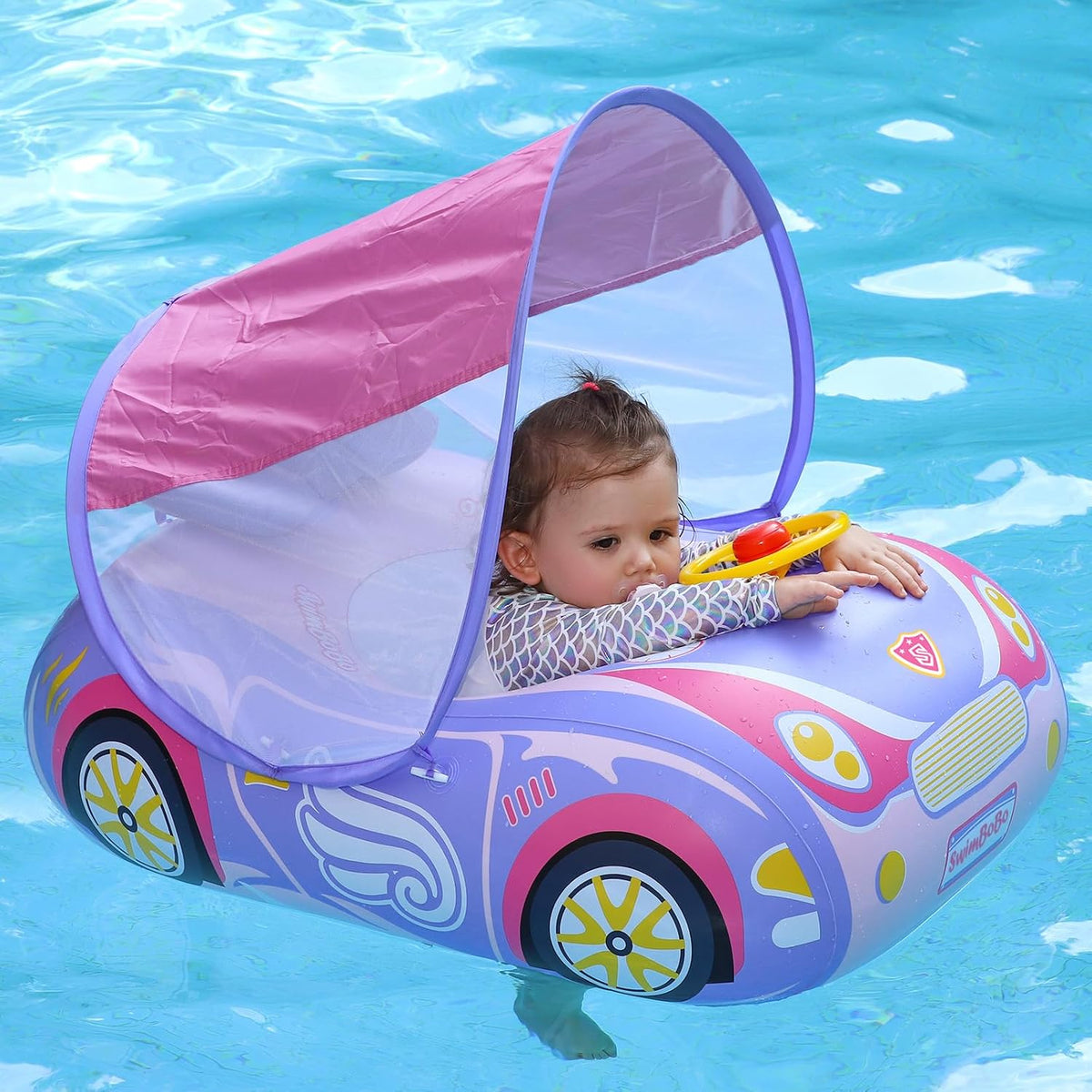 Toddler Float Inflatable Baby Swim Float with Canopy and Seat Pool - Purple Car with Steering Wheel