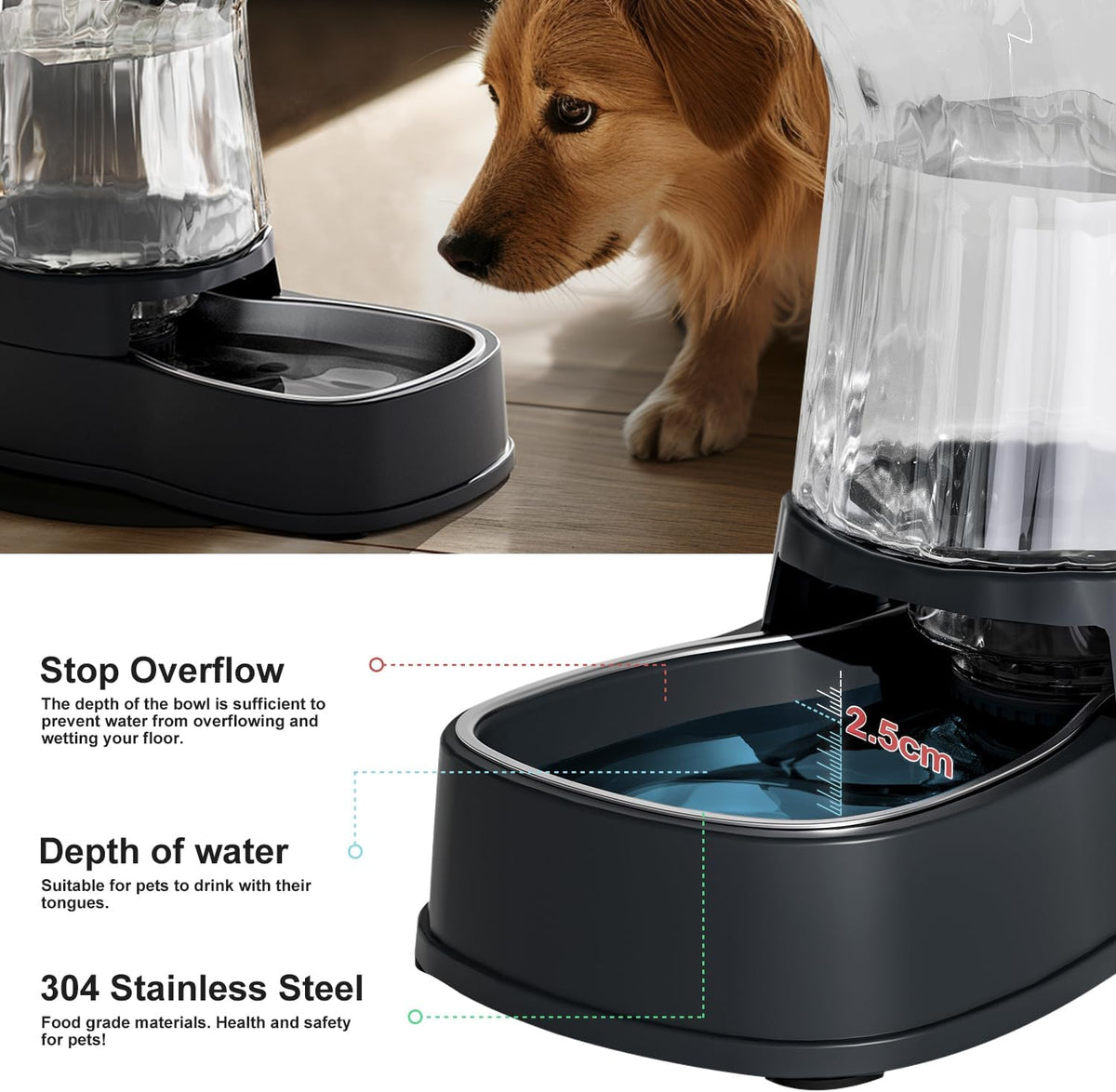 Automatic Dog Water Dispenser, Stainless Steel Bowls Feeder - Dark Grey / 2.1 Gallon - image 4