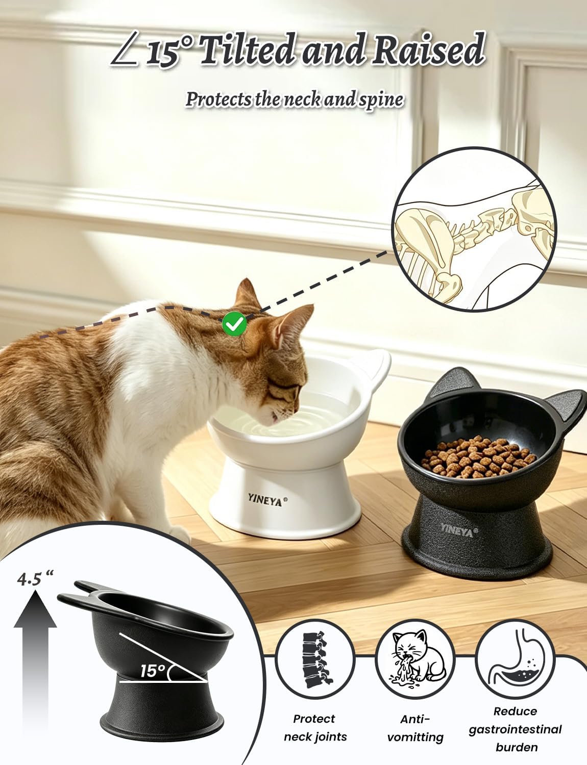 YINEYA 2 Pack Cat Food Bowls Elevated Design for Neck Comfort - Black&White - image 2
