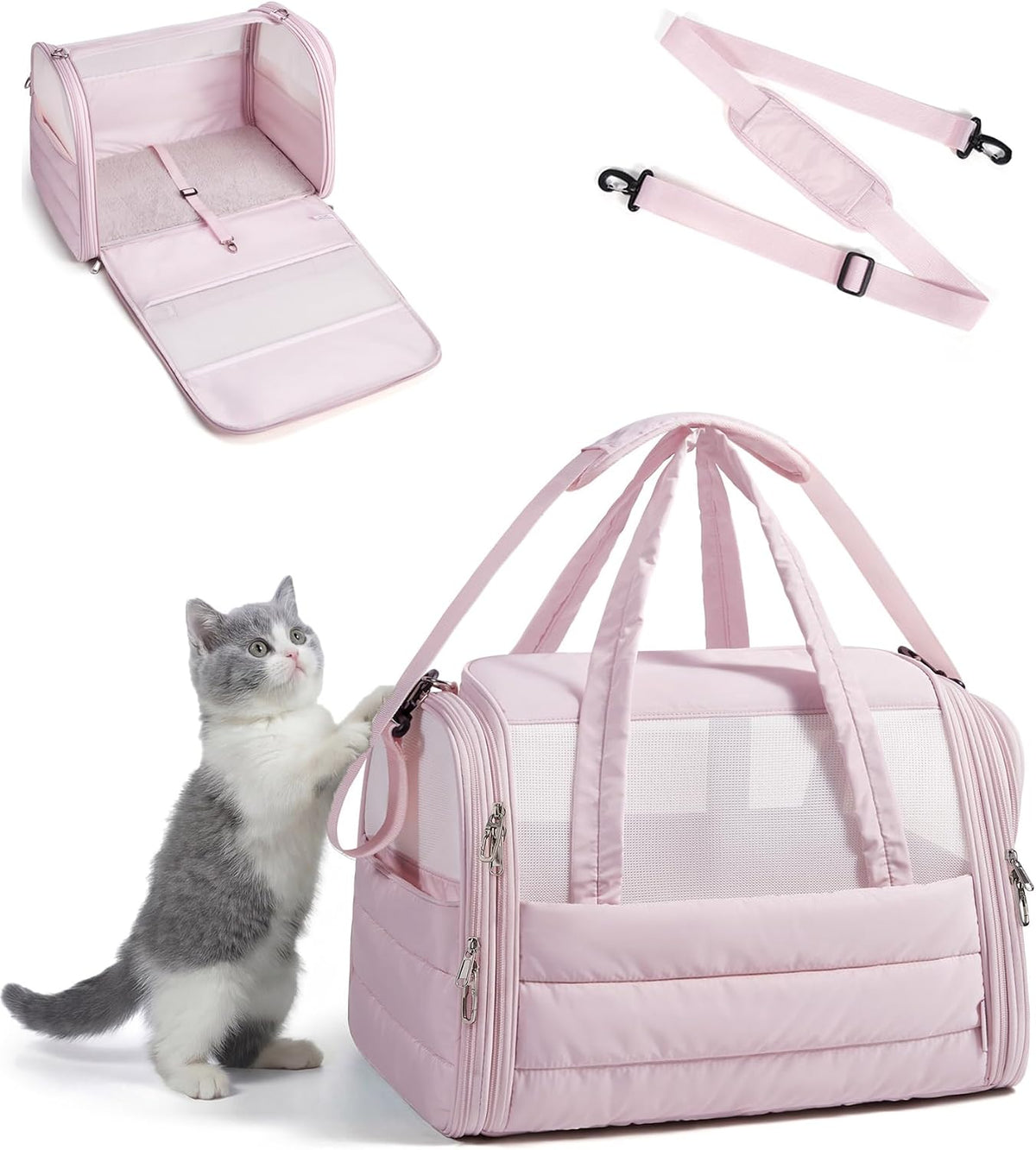 BAGSMART Cat Carrier Soft-Sided Puffy Quilted Collapsible Pet Travel - Baby Pink / 18.1"L x 11.0"W x 11.0"H