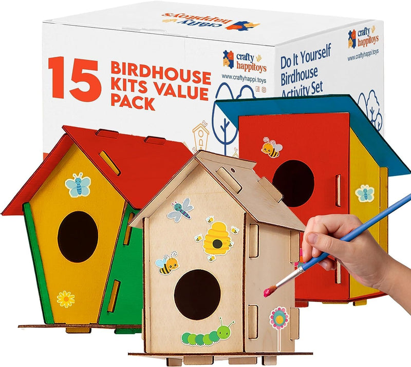 Crafty Happitoys 12 unfinished wood bird house kits for kids with paint and brushes
