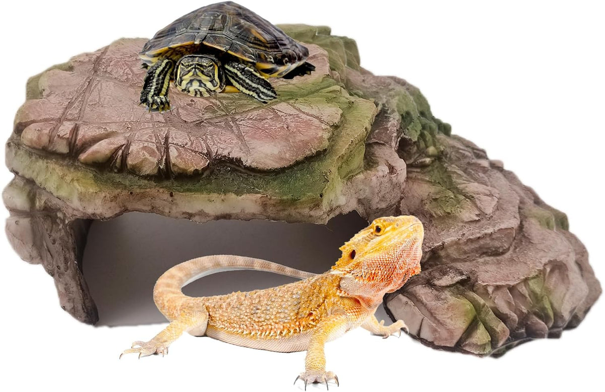 Turtle Basking Platform,Resin Bearded Dragon Basking Platform Reptile Habitat Cave Climbing Ramp - hideout / Yellowish-brown