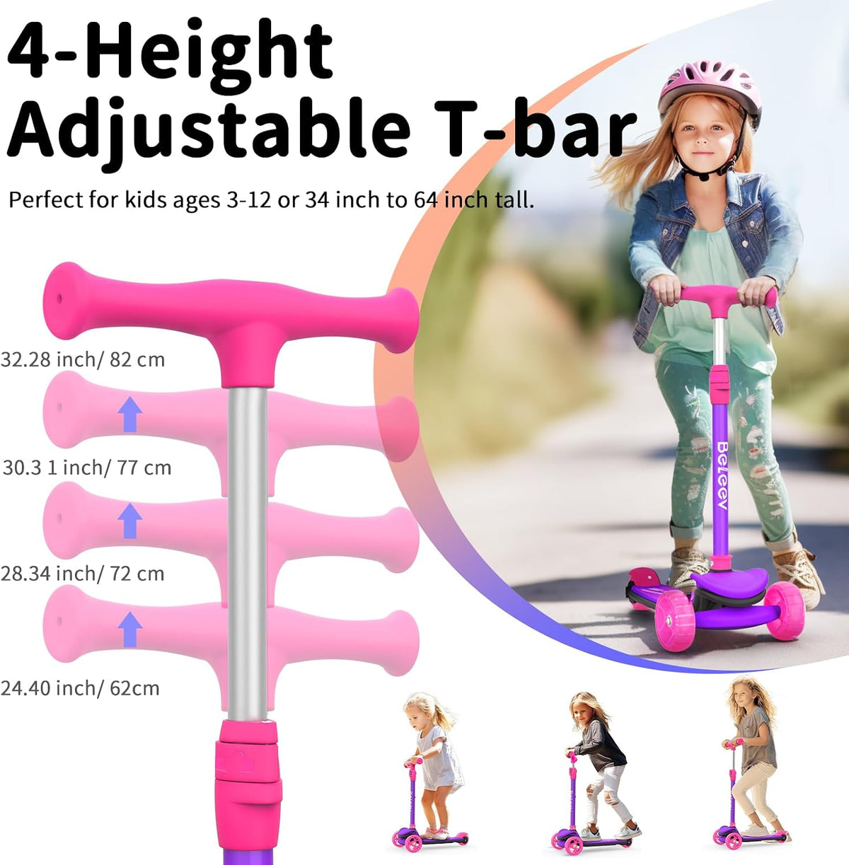 BELEEV A8 Scooter for Kids Ages 3-12 - Pink Purple - image 2