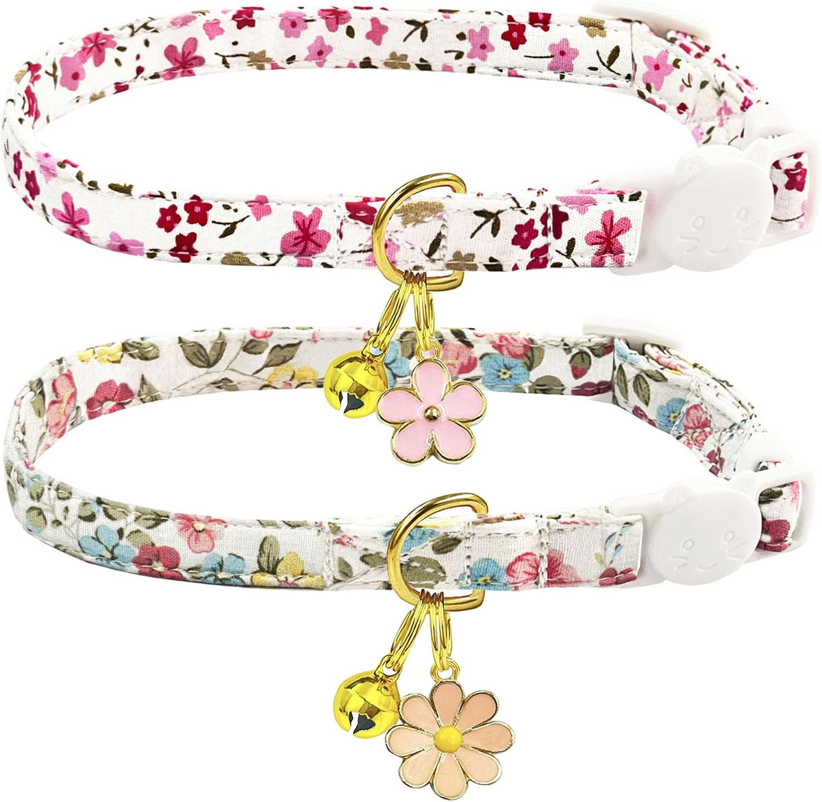2 Pack Cotton Breakaway Cat Collars Set with Bell and Flower Pendant - vintage+ small pink flower