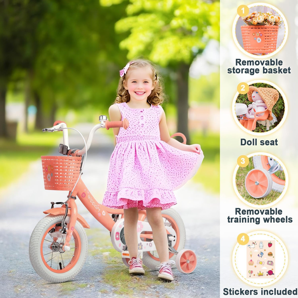 Glerc Maggie Girls Bike, 12-20 Inch Kids Bike for 2-13 Years Old Children, Princess Style Kids - Peach / 14 Inch - image 2
