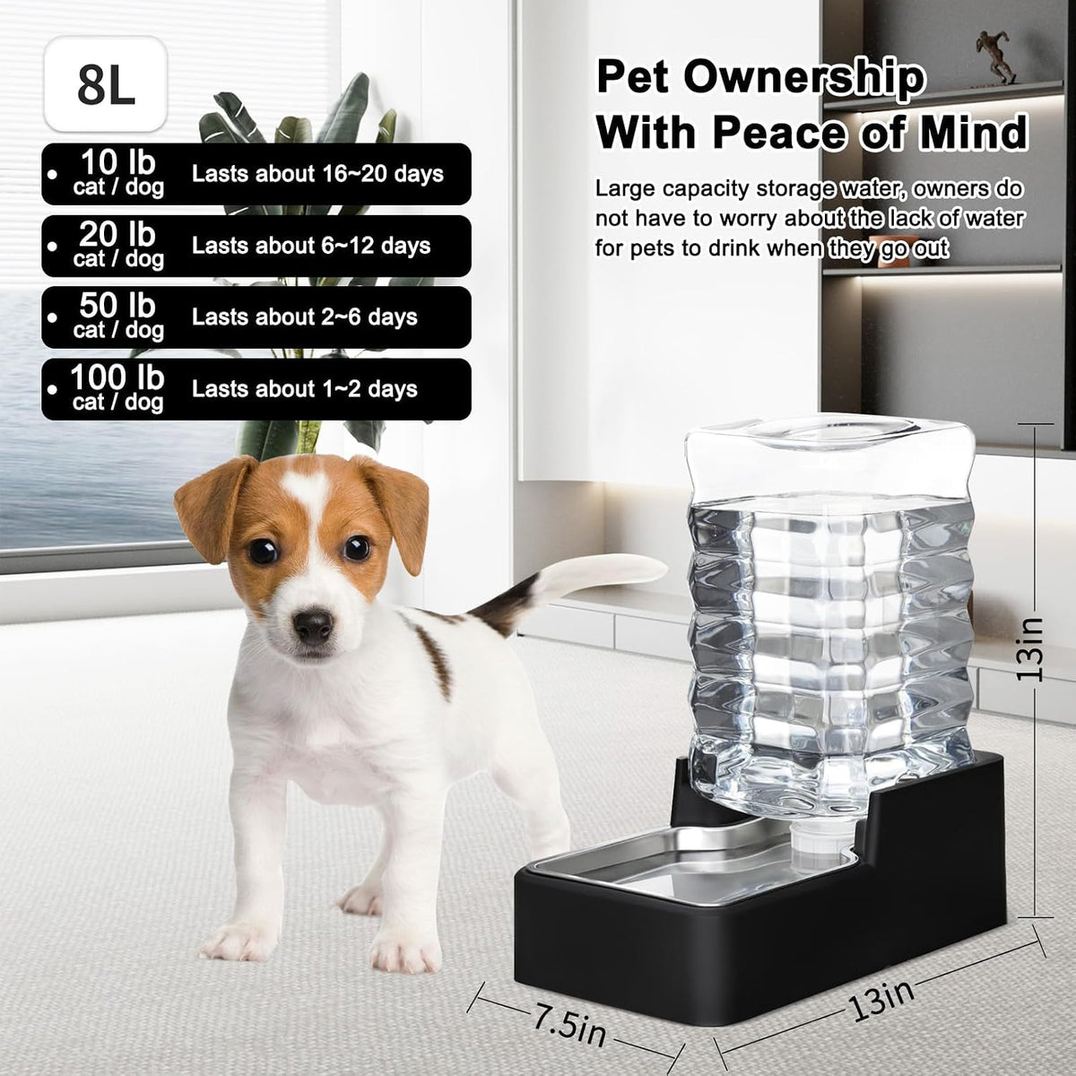 2.4Gallon Dog Water Bowl Dispenser for Dogs:Leak Resistant Waterer – Essentials for Dogs - Black without Filter / 8L - image 2