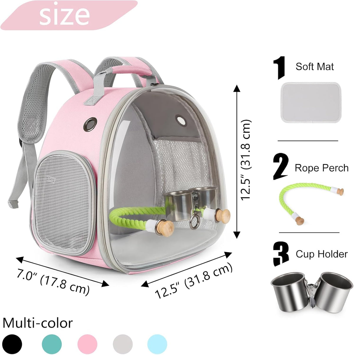 Small Bird Travel Backpack Carrier Cage - Pink / Clear Bubble + Cups - image 2