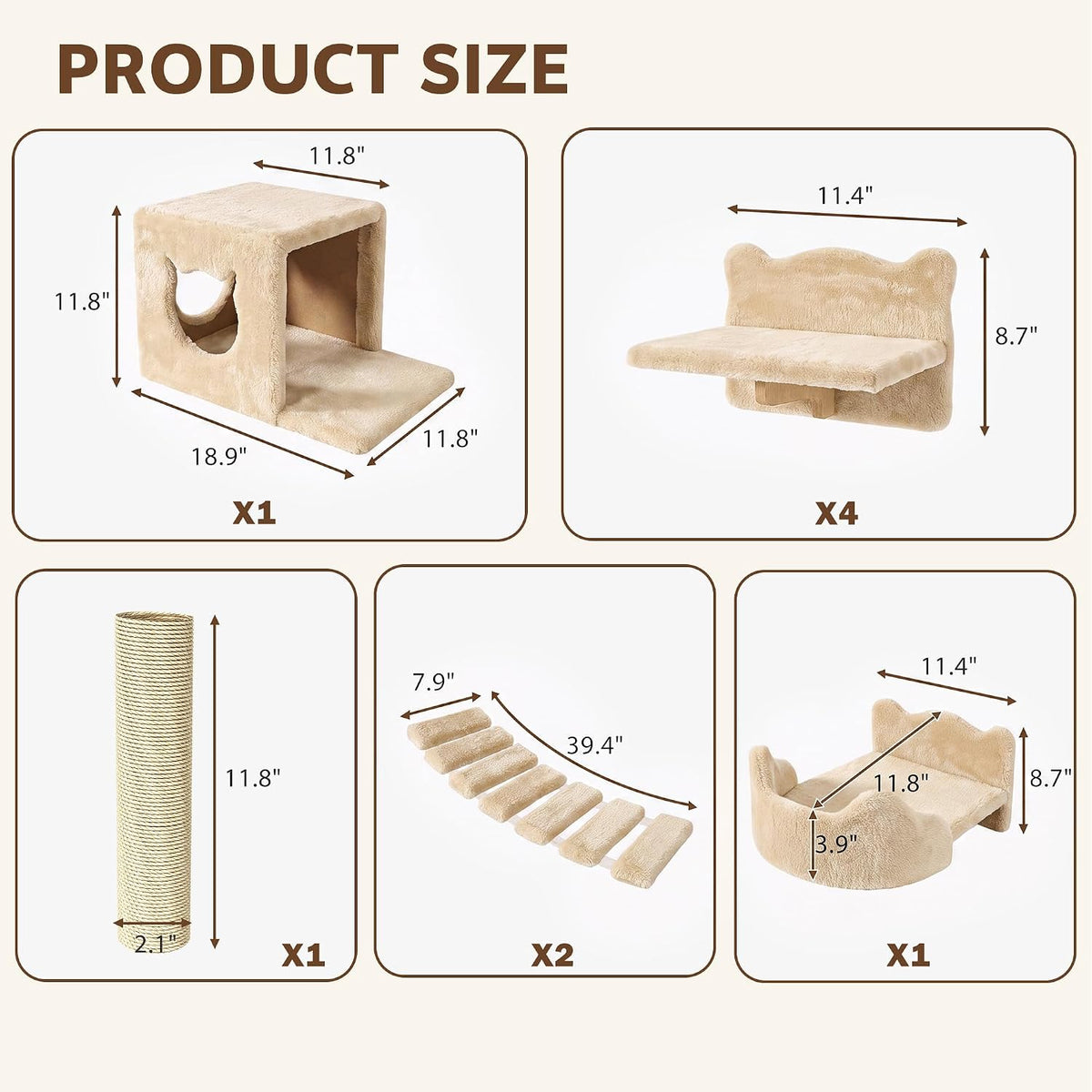Cat Wall Shelves, 9-in-1 Wood Cat Wall Furniture Set, Burlywood – Essentials for Cats - Beige / 9 Piece Set - image 2