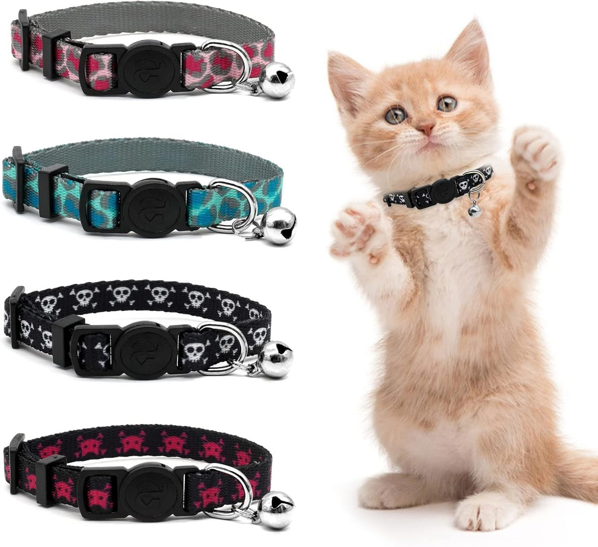 4 Pack Kitten Collars, Breakaway Kitten Collar with Bell, Floral – Essentials for Cats - 4#Leopard grain / Kitten(Neck:6"-8")