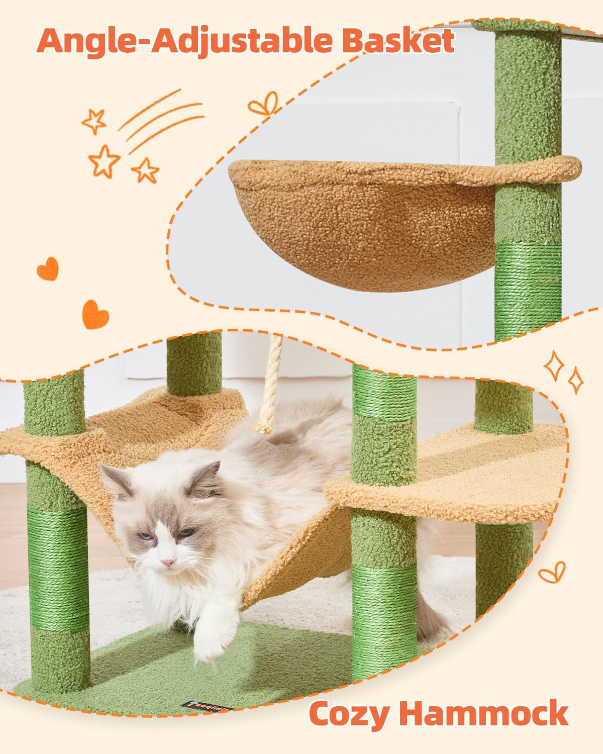 Taoqimiao Cat Tree, 67 in Tall Cat Tower with 2 Plush Cat Condos – Essentials for Cats - 67 inches / Cactus - image 4