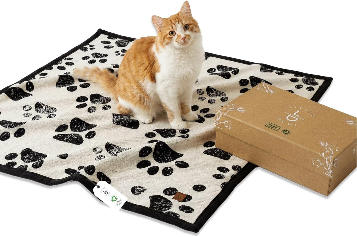 Small Pet Blanket, 100% Organic Cotton - Black Paw/ Beige