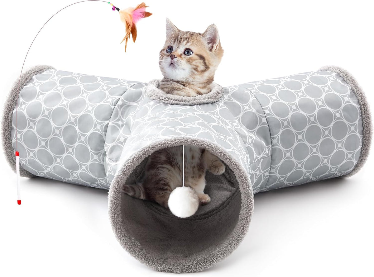 Tempcore Cat Tunnel, 3-Way Collapsible Toy for Indoor Cats - Geometry Grey / Small