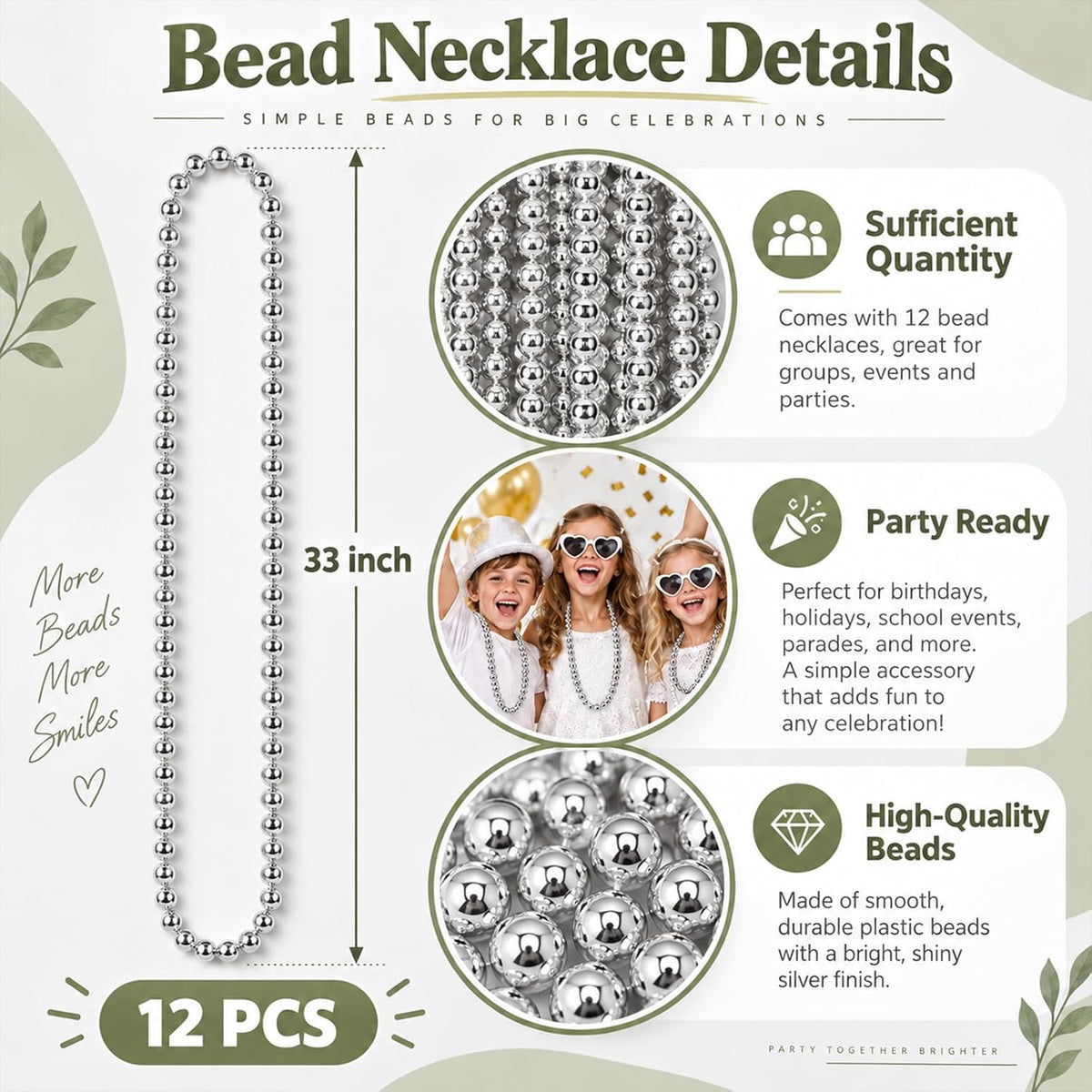 ZZYFGH 12 PCS Bead Necklace, 33'' Mardi Gras Beaded Necklaces – Fun for Kids & Family - Silver - image 2