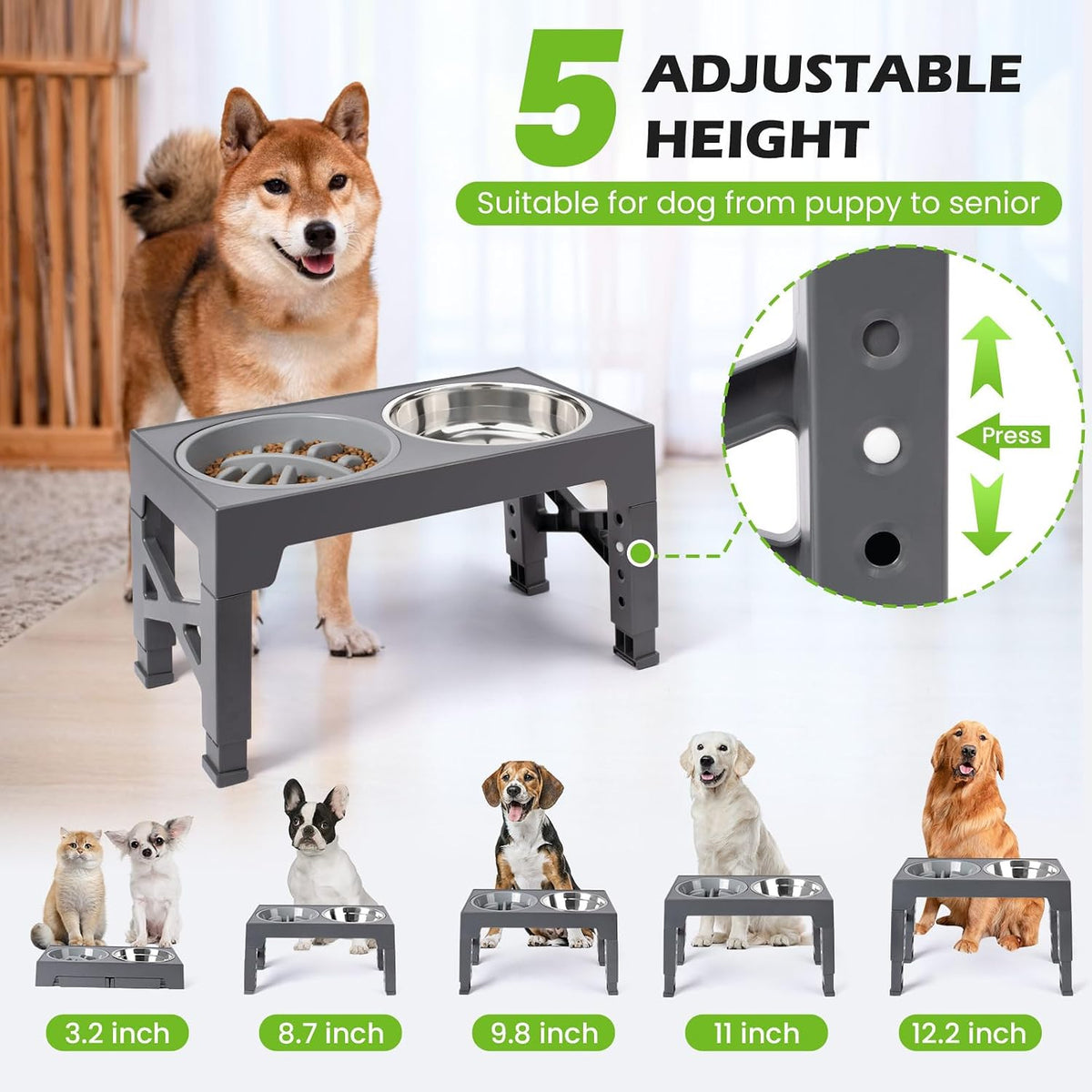 Elevated Dog Bowls with 5 Adjustable Heights Stand – Essentials for Dogs - Grey - image 2