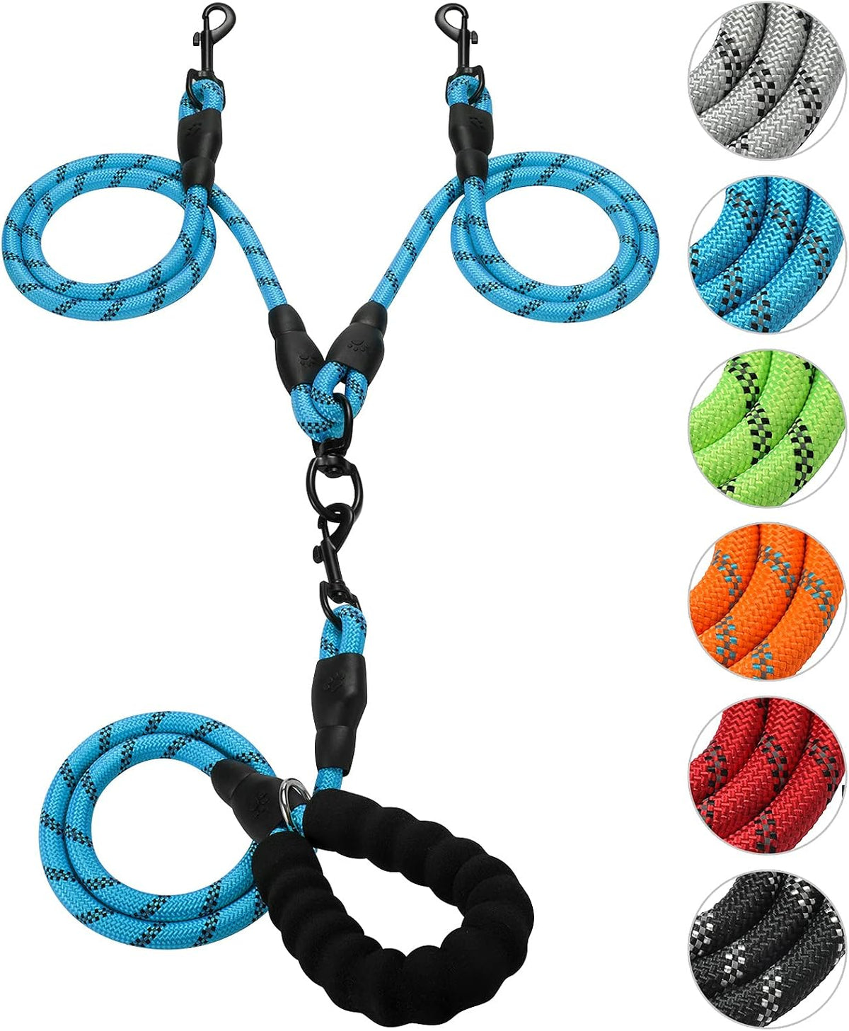 Double Dog Leash Reflective Detachable Coupler &360° Swivel Tangle - Light Blue