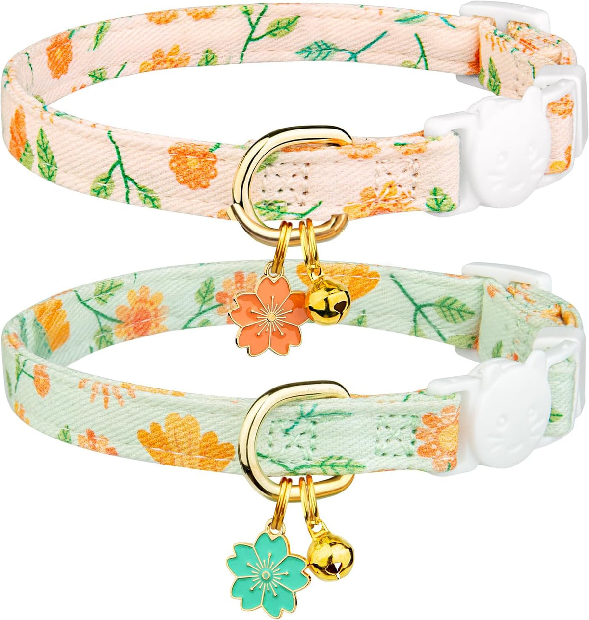 2 Pack Cotton Cat Collar Pink Strawberrie White Heart Cute Kitten - Beige&Green
