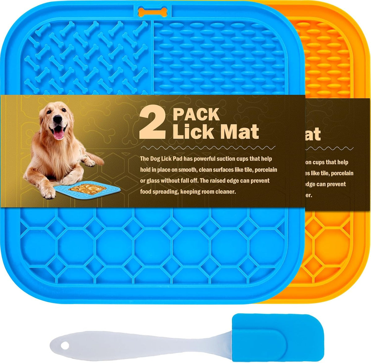 Lick Mat for Dogs - Slow Feeder Licking Mat with Suction Cups for Peanut Butter, Food Treats - Large / 2PCS Blue+Orange