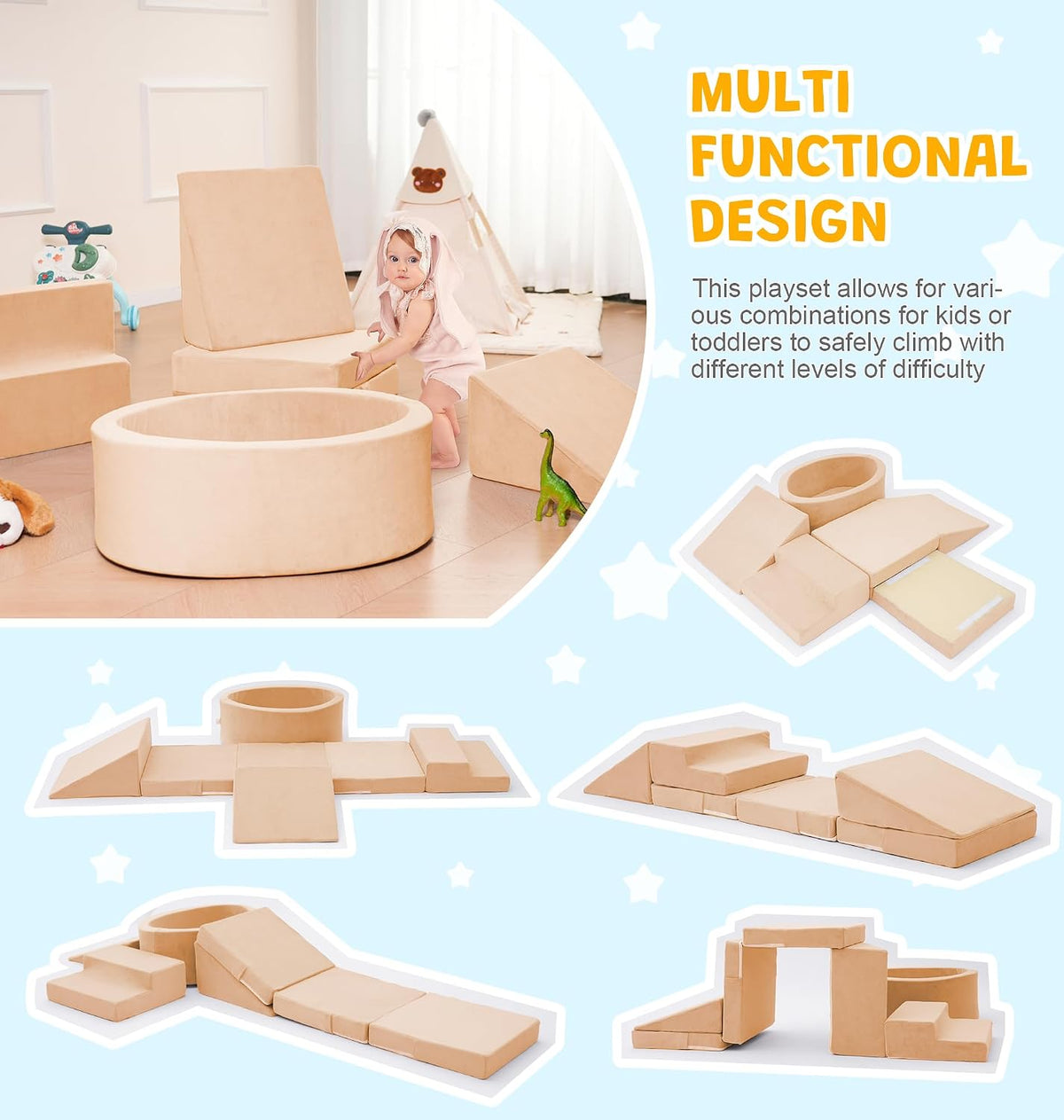 Elftopia foam climbing set with ball pit, stairs and ramps for toddlers in grey - view 23