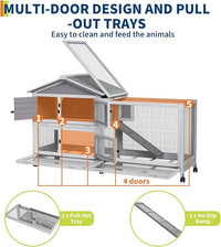 Rabbit Hutch 2-Tier, Small Wooden Chicken Coop with Wheels for Outdoor Use - Weatherproof Small Animal Hutch with Non-Slip Ramp, 4 Access Doors & Removable Tray for Rabbits, Guinea Pigs, Ferrets