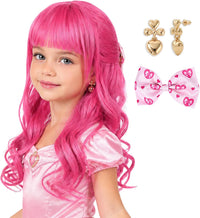 AMZCOS kids long wavy hot pink princess cosplay wig with pink bow and drop earrings - view 2
