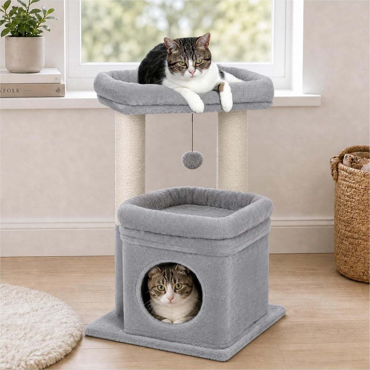 PEQULTI Small Cat Tree Tower for Indoor Cats - Grey / M(15.7"L x 15.7"W x 26.7"H)