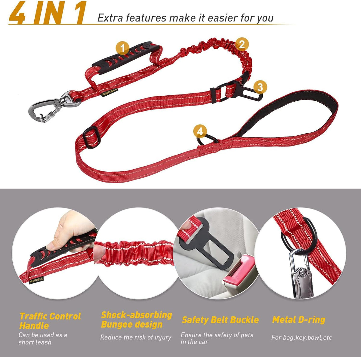 AUBELL Tactical Dog Leash Heavy Duty - Red - image 4