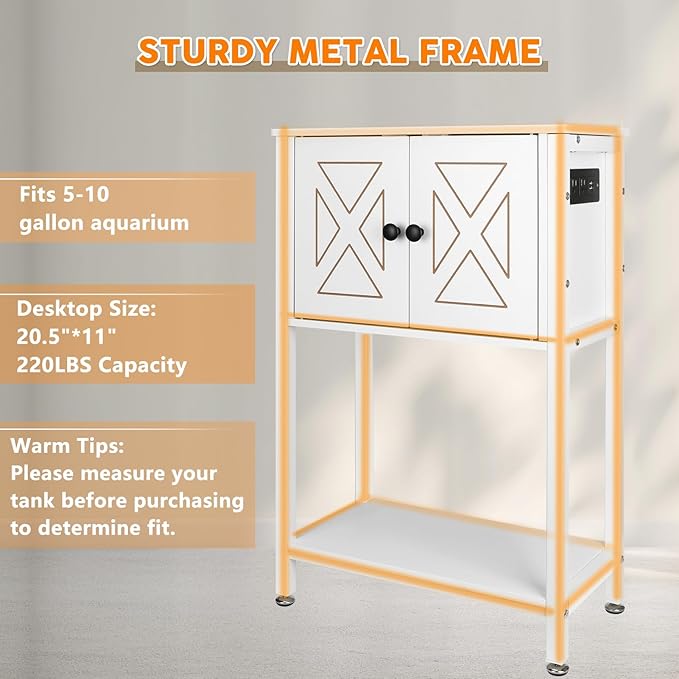 5-10 Gallon Fish Tank Stand, Heavy Duty Aquarium Stand with Cabinet & Power Outlets for Fish Tank Accessories Storage, Double Reptile Terrarium Stand 20.5" L* 11" W Tabletop, White