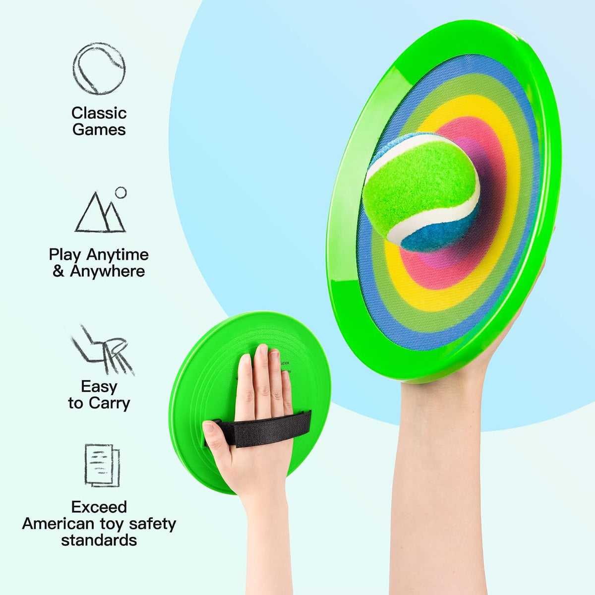 EVERICH TOY Toss and Catch Ball Game Set - Rainbow Green / 2 Paddles 2 Balls - image 3