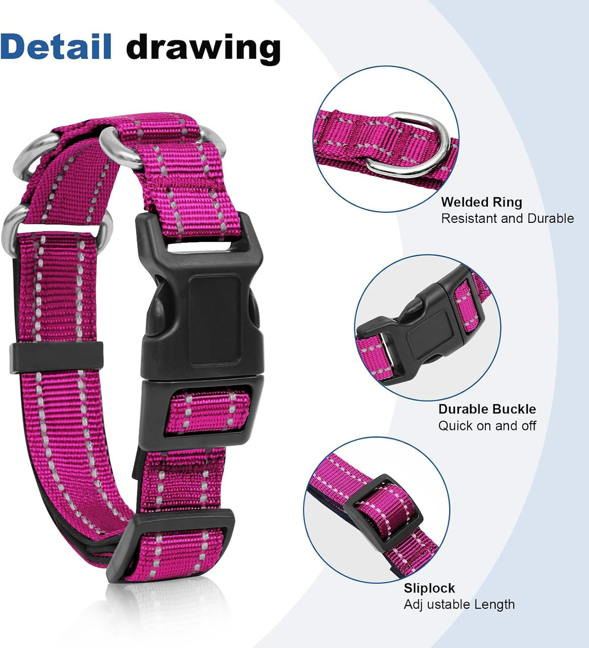 Reflective Martingale Dog Collars. Dog Collar with Quick Release - M:1" Wide for 14.5"-19.5" Neck / Rose Red - image 3