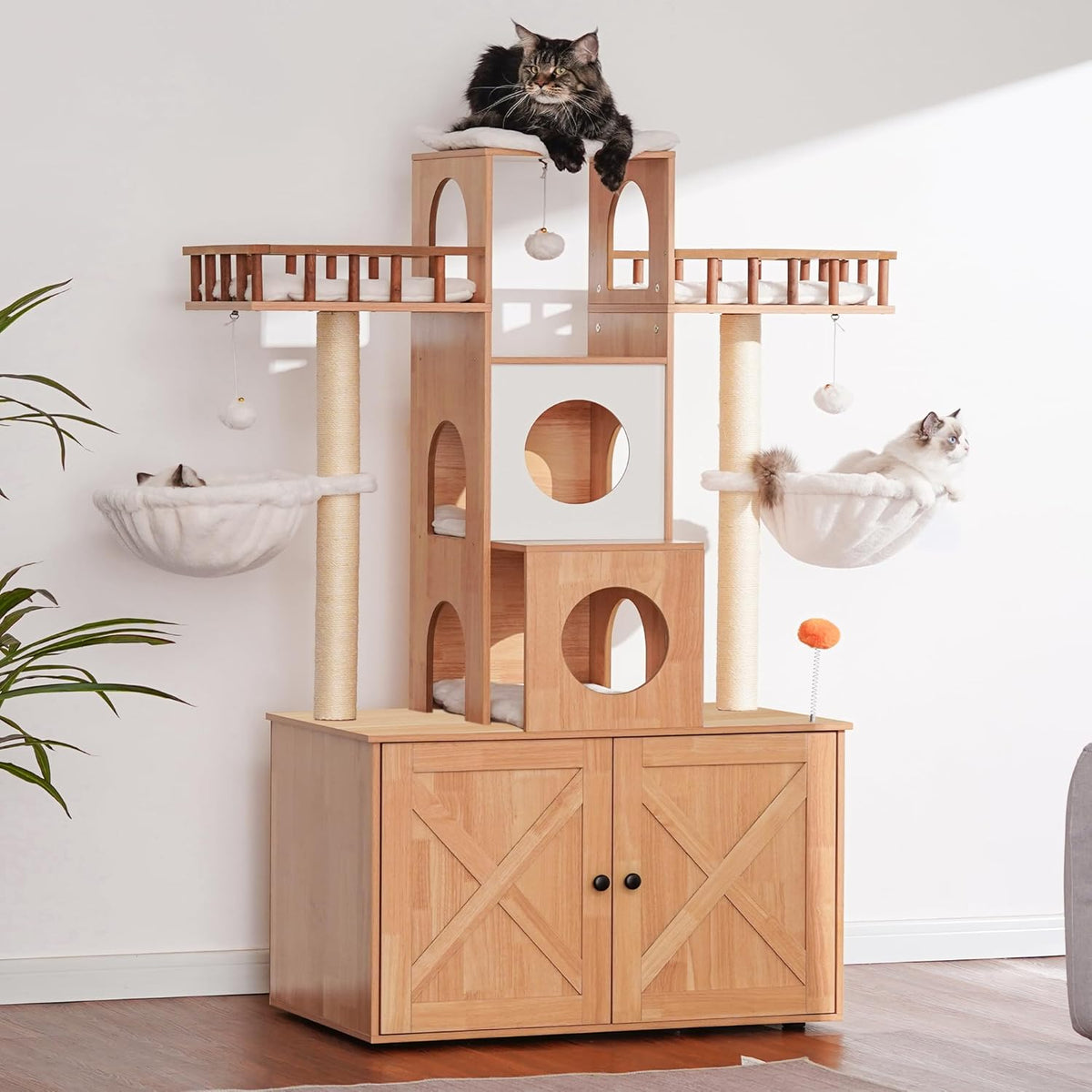 Heybly Cat Tree with Litter Box Enclosure for Indoor Big Cat HCT110SG – Essentials for Cats - Walnut / 60 inch - image 2