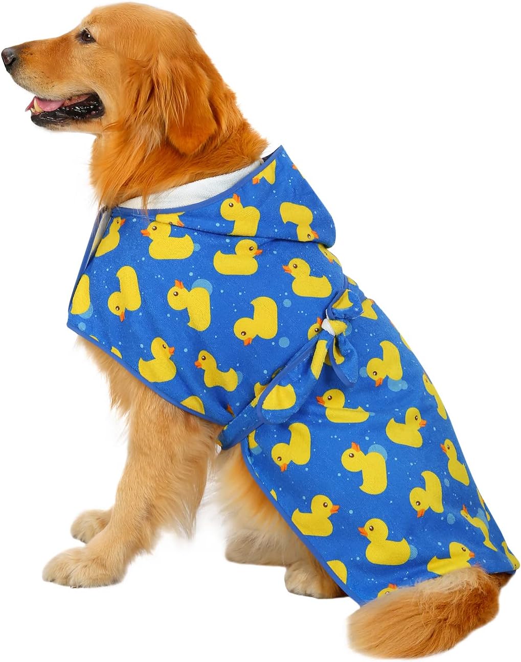 HDE Hooded Dog Bathrobe Quick Dry Towel Wrap for After Bath White - X-Large / Blue Rubber Ducks