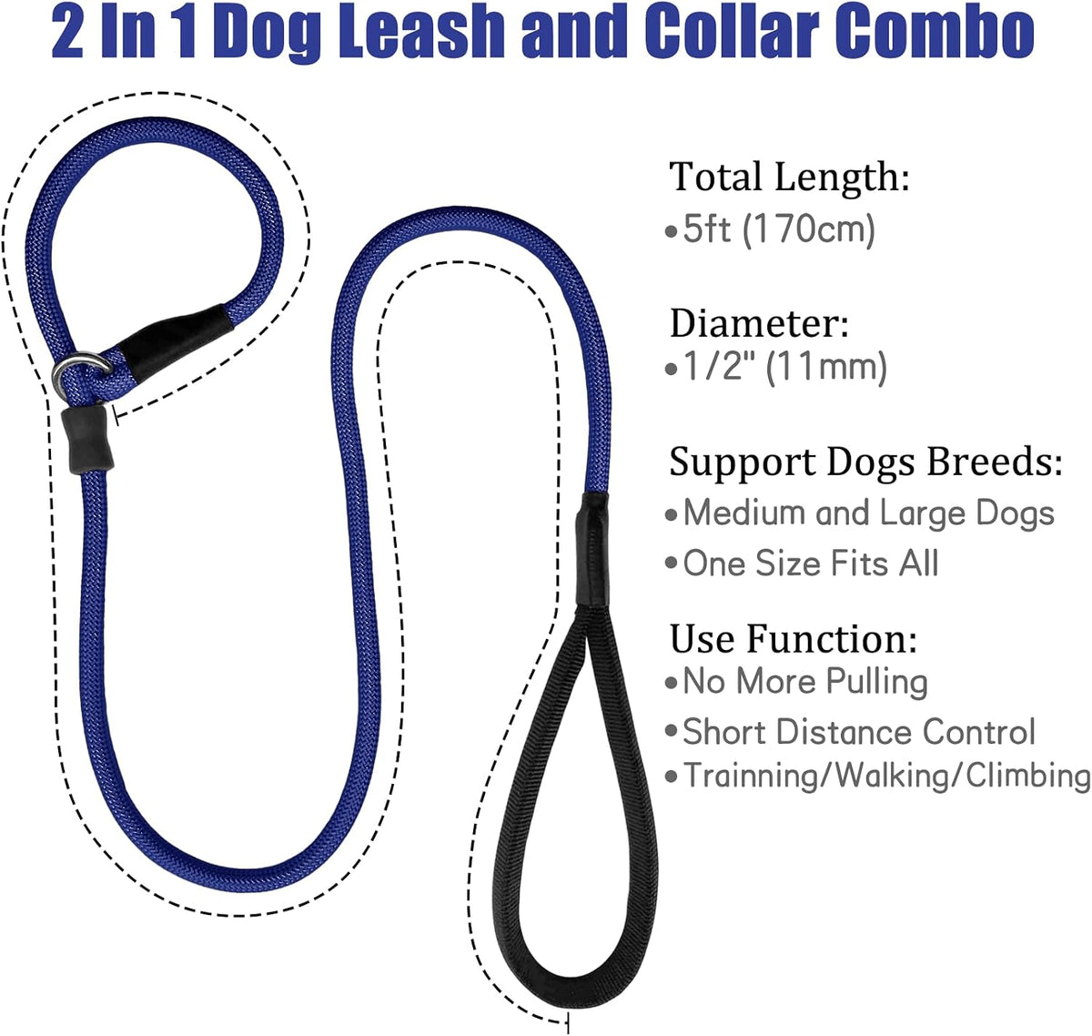 Strong Slip Rope Dog Training Leash - 1/2" x 5ft / Dark Blue - image 4
