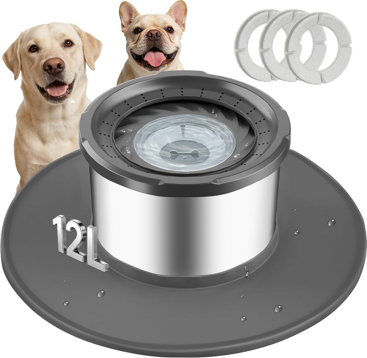 12L No Spill Stainless Steel Dog Water Bowl for Large Dogs – Essentials for Dogs - Grey