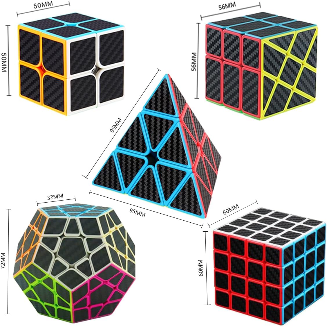 Speed Cube Set, ROXENDA 2x2 3x3 Pyramid Cube Bundle [3 Pack] – Fun for Kids & Family - 5 Pack Carbon Fiber