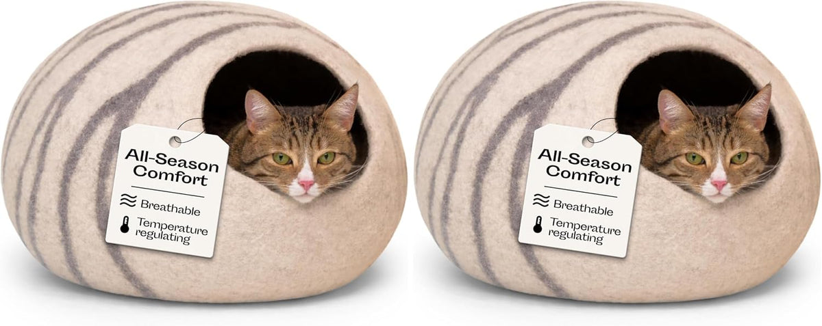 Cat Cave, New Zealand Wool Bed for Indoor Cats - Light Grey / Medium (Pack of 2)