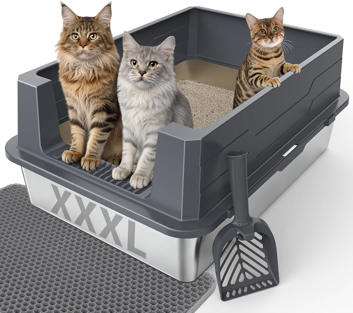 FURTIME Stainless Steel Cat Litter Box - Grey / XXX-Large