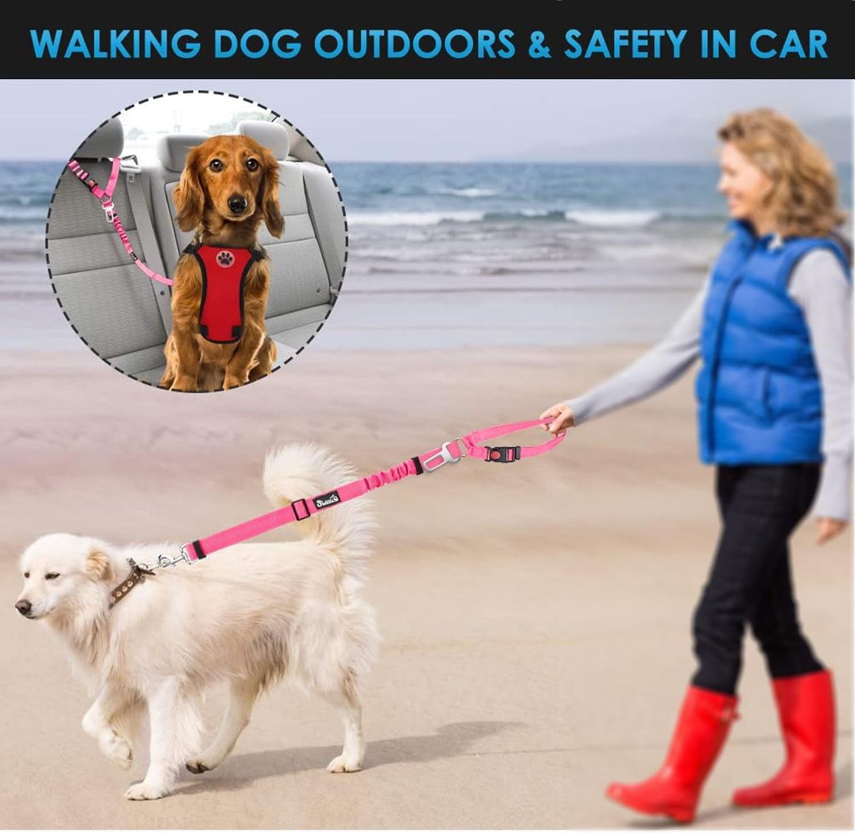 Lukovee Dog Car Seat Belt, Headrest Restraint, Headrest - A.Fluorescent Pink / Headrest + Clip, 2 Pcs - image 4