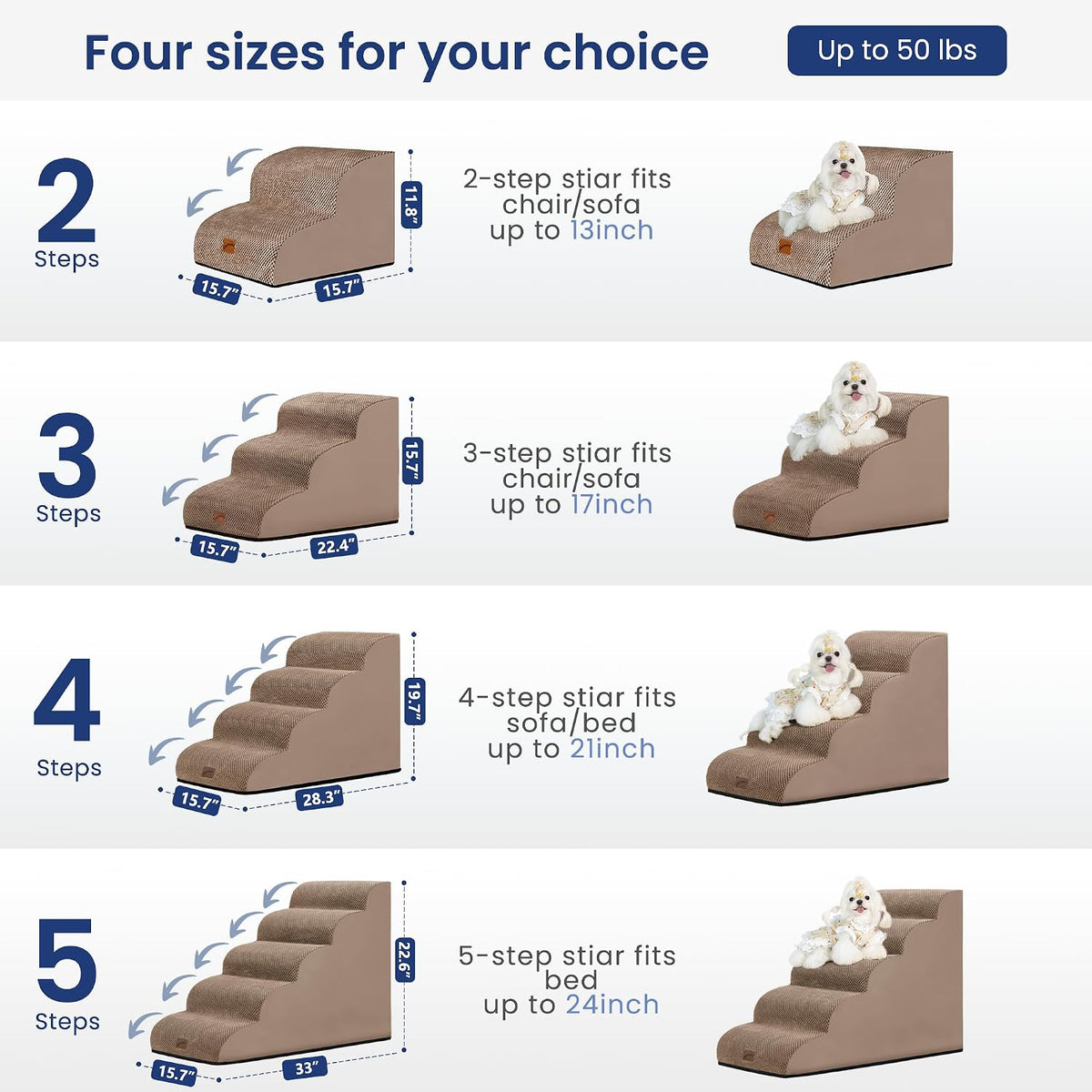 Dog Stairs for Small Dogs, 3-Step Pet Steps for Couch Sofa - Camel / 4 / 4-Step (28.3"D x 15.7"W x 19.7"H) - image 3