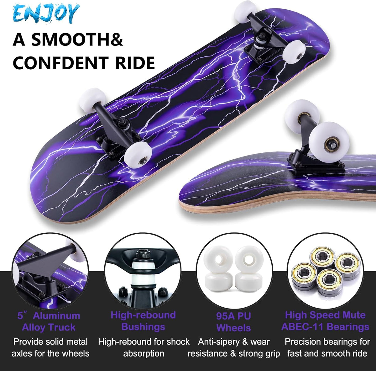Skateboard,31 x 8 Inch Complete Skateboard, 8-Layer Maple Wood Deck Double Kick Standard - Purple - image 2