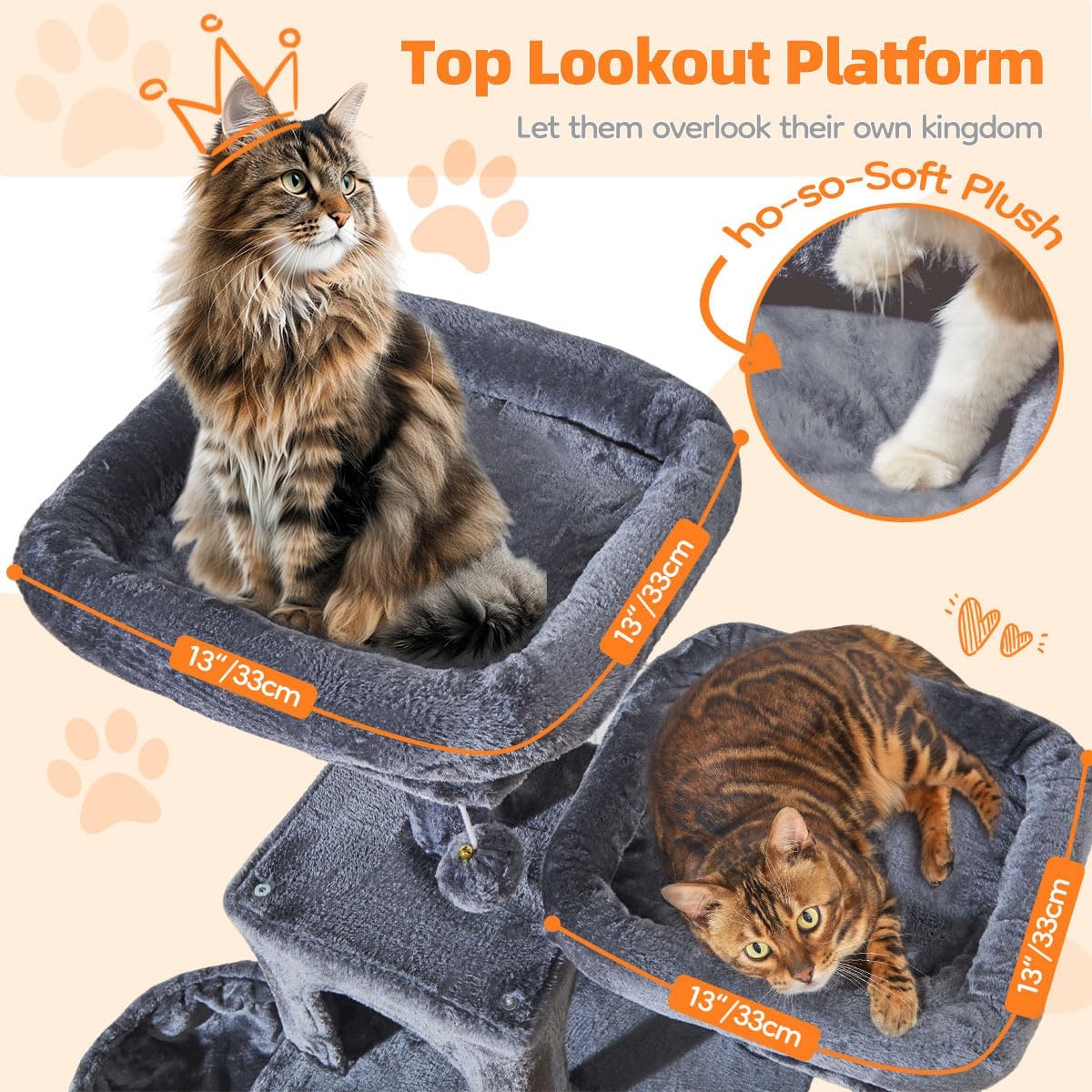 Taoqimiao Cat Tree, 67 in Tall Cat Tower with 2 Plush Cat Condos – Essentials for Cats - 73 inches / Smoky Gray - image 4