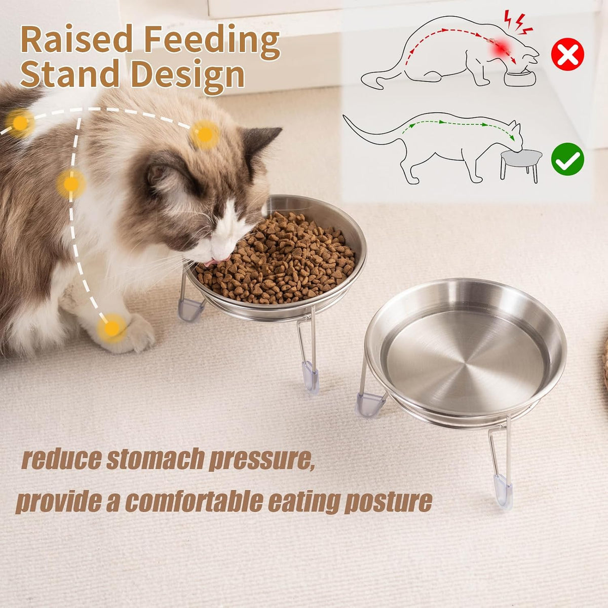 Elevated Cat Bowls,6.7" Extra Wide Raised Stainless Steel Cat Food Bowls with Anti-Slip Metal Stand - 1 bowl with stand - image 2