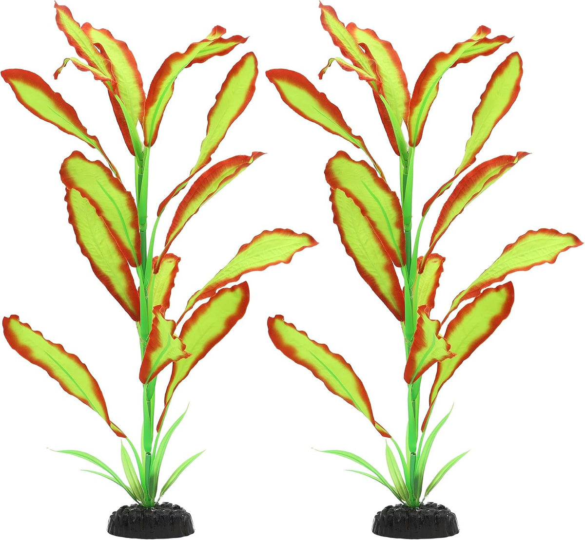 Silk Aquarium Plants, 12 Inch Artificial Silk Plants Decorations – Essentials for Fish - Light Green With Red / 2 Pack