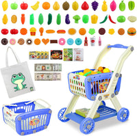 Ming You 2-in-1 Kids Shopping Cart Toy with Pretend Play Foods - Navy Blue
